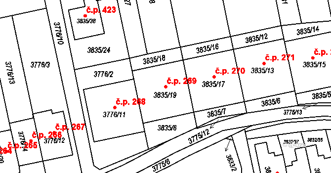 Pustkovec 269, Ostrava na parcele st. 3835/19 v KÚ Pustkovec, Katastrální mapa