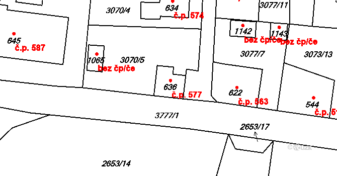 Hranice 577 na parcele st. 636 v KÚ Hranice u Aše, Katastrální mapa