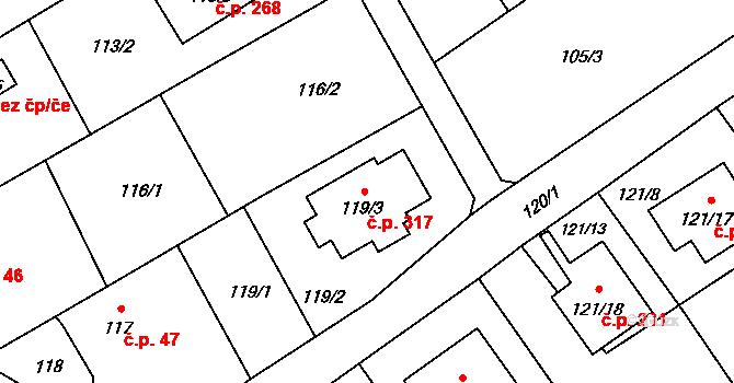 Chuchelná 317 na parcele st. 119/3 v KÚ Chuchelná, Katastrální mapa