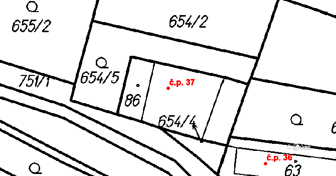 Velké Nepodřice 37, Dobev na parcele st. 86 v KÚ Nepodřice, Katastrální mapa
