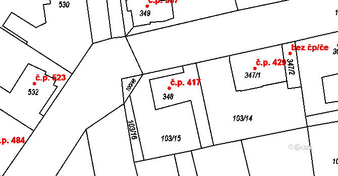 Rudná 417 na parcele st. 348 v KÚ Dušníky u Rudné, Katastrální mapa