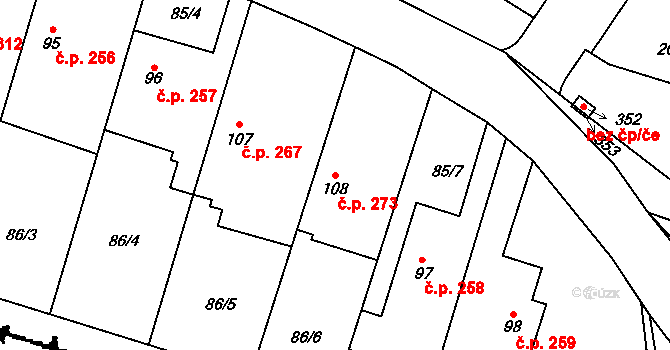 Tuchoměřice 273 na parcele st. 108 v KÚ Kněžívka, Katastrální mapa