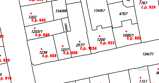 Zelené Předměstí 1034, Pardubice na parcele st. 2577 v KÚ Pardubice, Katastrální mapa