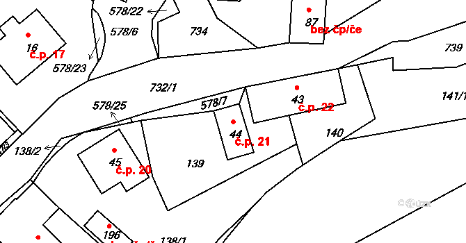 Hněvkov 21, Zábřeh na parcele st. 44 v KÚ Hněvkov, Katastrální mapa