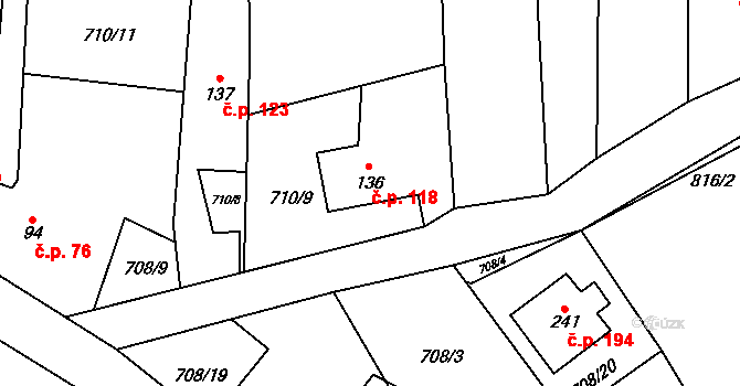 Hostašovice 118 na parcele st. 136 v KÚ Hostašovice, Katastrální mapa