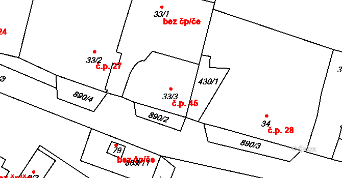 Buk 45 na parcele st. 33/3 v KÚ Buk pod Boubínem, Katastrální mapa
