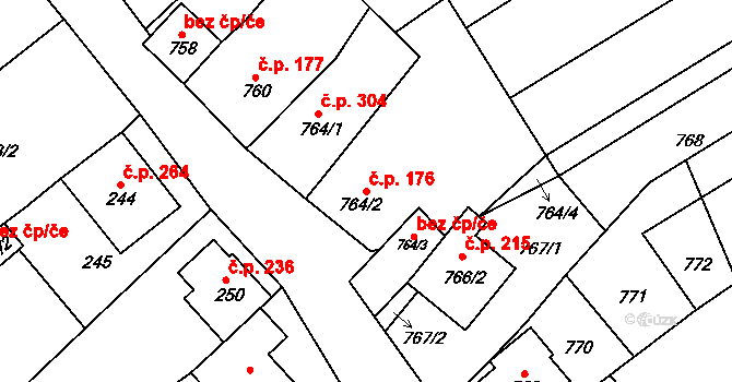Perná 176 na parcele st. 764/2 v KÚ Perná, Katastrální mapa