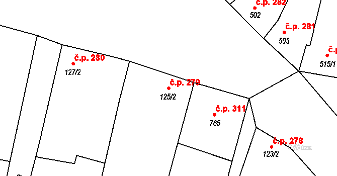 Hrádek 279 na parcele st. 125/2 v KÚ Hrádek u Znojma, Katastrální mapa