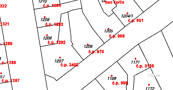 Přerov I-Město 970, Přerov na parcele st. 1206 v KÚ Přerov, Katastrální mapa