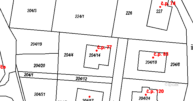 Sadov 77 na parcele st. 204/14 v KÚ Sadov, Katastrální mapa