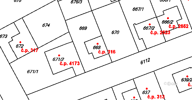 Jihlava 316 na parcele st. 668 v KÚ Jihlava, Katastrální mapa