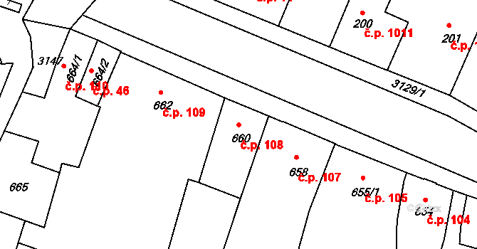 Čelákovice 108 na parcele st. 660 v KÚ Čelákovice, Katastrální mapa