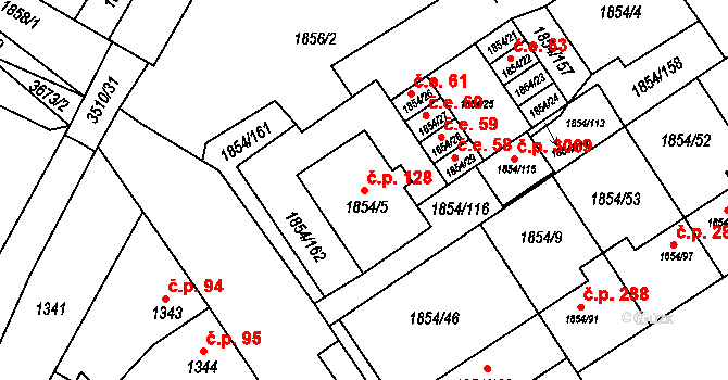 Křečkovice 128, Vyškov na parcele st. 1854/5 v KÚ Vyškov, Katastrální mapa