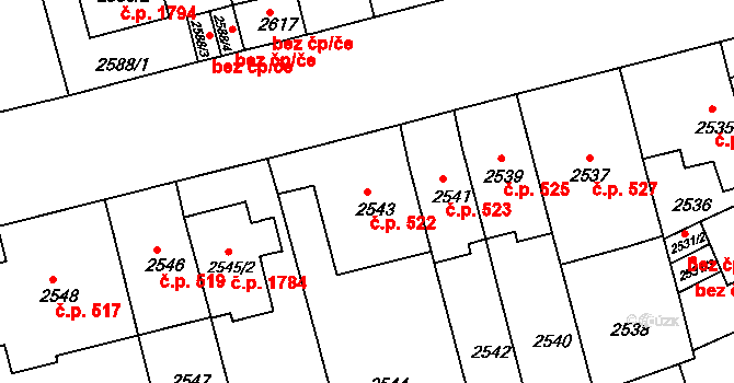 Černá Pole 522, Brno na parcele st. 2543 v KÚ Černá Pole, Katastrální mapa