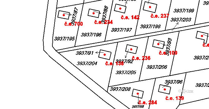 Líšeň 138, Brno na parcele st. 3937/91 v KÚ Líšeň, Katastrální mapa