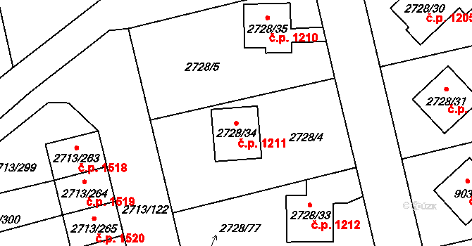 Pelhřimov 1211 na parcele st. 2728/34 v KÚ Pelhřimov, Katastrální mapa