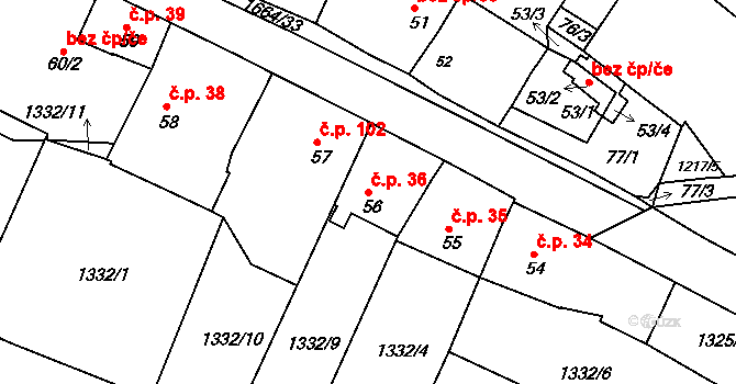 Měrunice 36 na parcele st. 56 v KÚ Měrunice, Katastrální mapa