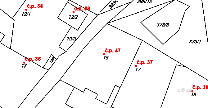 Třesovice 47 na parcele st. 15 v KÚ Třesovice, Katastrální mapa
