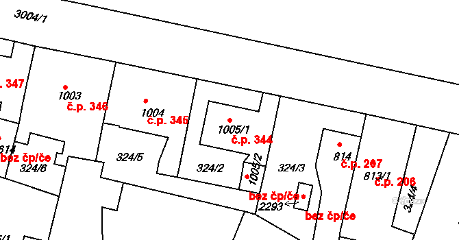 Plzeňské Předměstí 344, Rokycany na parcele st. 1005/1 v KÚ Rokycany, Katastrální mapa