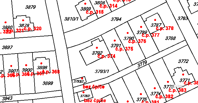 Záběhlice 374, Praha na parcele st. 3792 v KÚ Záběhlice, Katastrální mapa