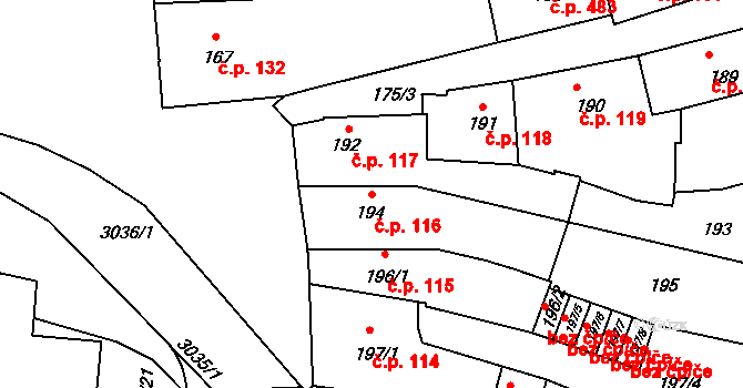 Sedlčany 116 na parcele st. 194 v KÚ Sedlčany, Katastrální mapa