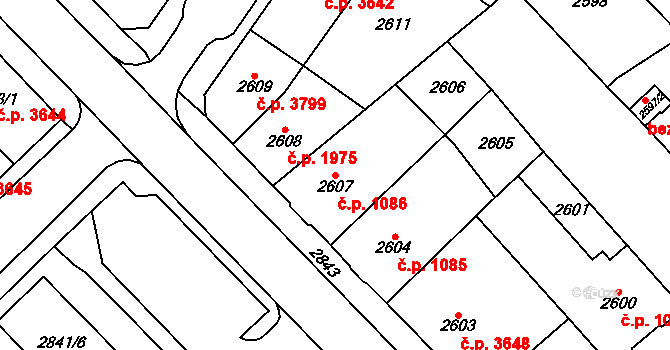 Chomutov 1086 na parcele st. 2607 v KÚ Chomutov I, Katastrální mapa