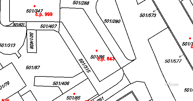 Ráj 643, Karviná na parcele st. 501/86 v KÚ Ráj, Katastrální mapa