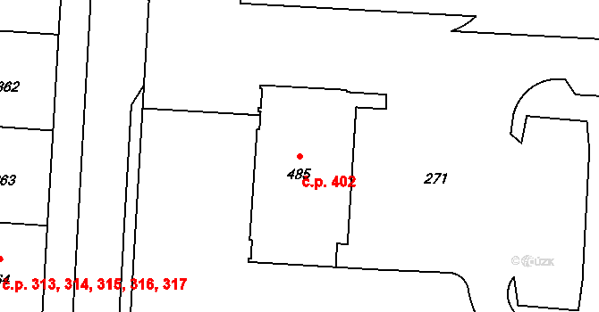 Lazce 402, Olomouc na parcele st. 485 v KÚ Lazce, Katastrální mapa