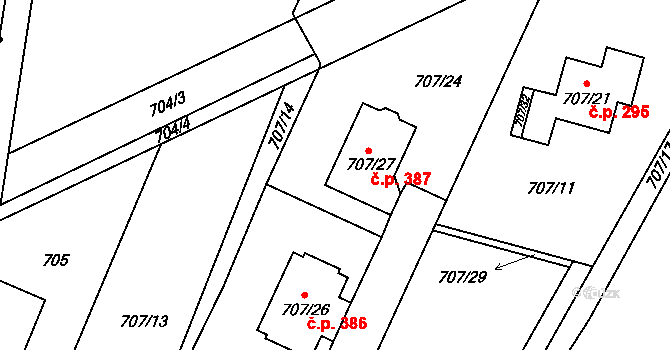 Rajhradice 387 na parcele st. 707/27 v KÚ Rajhradice, Katastrální mapa