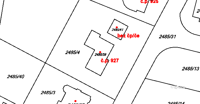 Modřice 927 na parcele st. 2485/39 v KÚ Modřice, Katastrální mapa