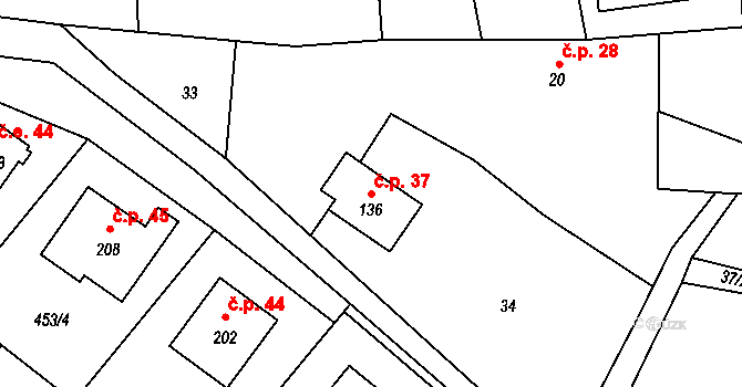 Tichonice 37 na parcele st. 136 v KÚ Tichonice, Katastrální mapa