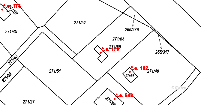 Tušimice 179, Kadaň na parcele st. 271/89 v KÚ Tušimice, Katastrální mapa