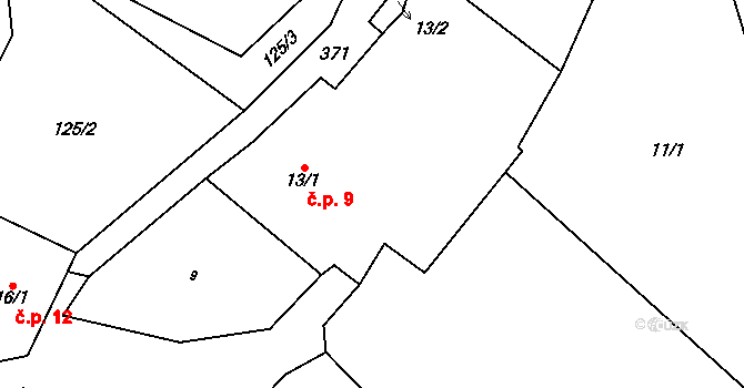 Řikonín 9 na parcele st. 13/1 v KÚ Řikonín, Katastrální mapa