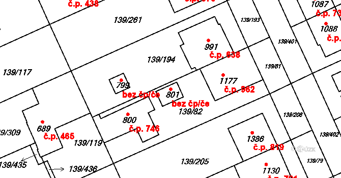 Třebíč 38377446 na parcele st. 801 v KÚ Podklášteří, Katastrální mapa
