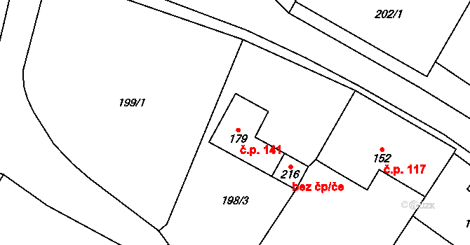Podlesí 141, Budišov nad Budišovkou na parcele st. 179 v KÚ Podlesí nad Odrou, Katastrální mapa