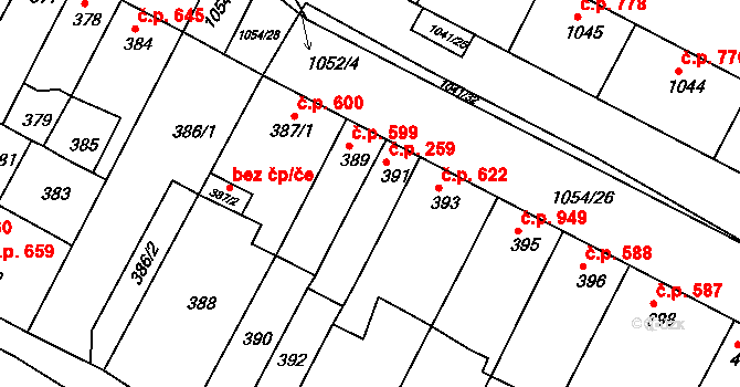 Bučovice 259 na parcele st. 391 v KÚ Bučovice, Katastrální mapa