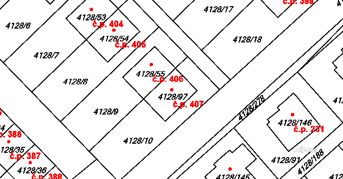 Choceňské Předměstí 407, Vysoké Mýto na parcele st. 4128/97 v KÚ Vysoké Mýto, Katastrální mapa