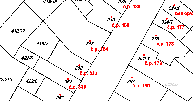 Kostelec nad Labem 184 na parcele st. 343 v KÚ Kostelec nad Labem, Katastrální mapa