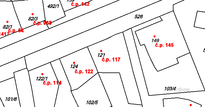 Rudná 117 na parcele st. 121 v KÚ Dušníky u Rudné, Katastrální mapa