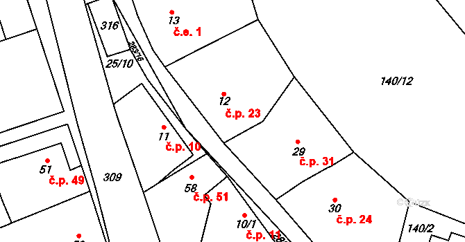 Dolní Kamenice 23, Holýšov na parcele st. 12 v KÚ Dolní Kamenice u Holýšova, Katastrální mapa