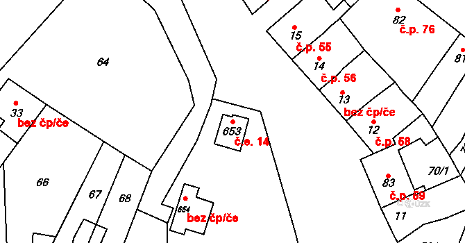 Domamyslice 14, Prostějov na parcele st. 653 v KÚ Domamyslice, Katastrální mapa