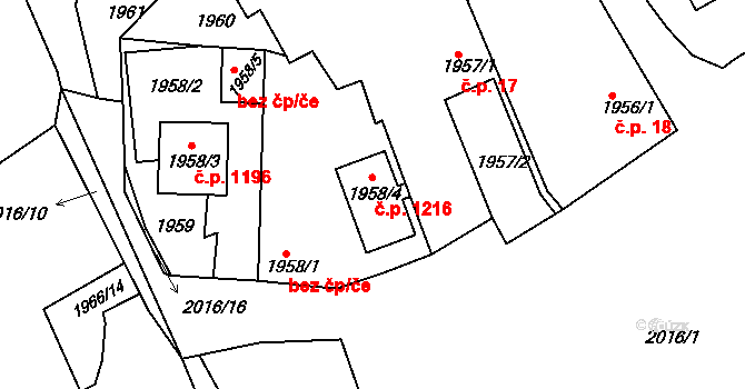 Třemošná 1216 na parcele st. 1958/4 v KÚ Třemošná, Katastrální mapa