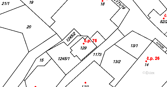 Kamenná 75 na parcele st. 129 v KÚ Kamenná u Jihlavy, Katastrální mapa