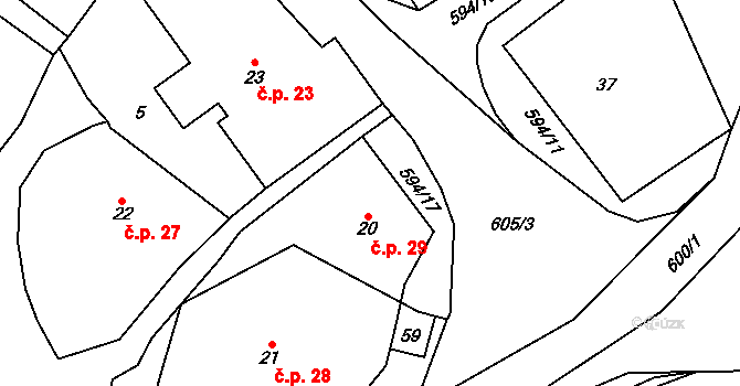 Brocná 29, Skuhrov nad Bělou na parcele st. 20 v KÚ Brocná, Katastrální mapa