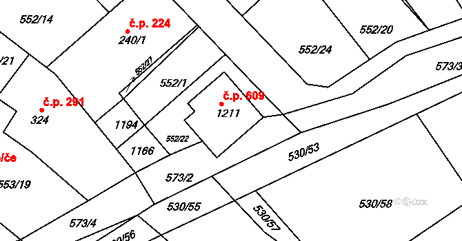 Šťáhlavy 609 na parcele st. 1211 v KÚ Šťáhlavy, Katastrální mapa