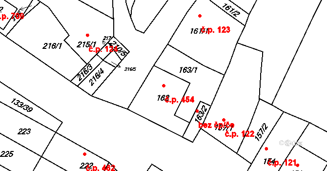 Drnholec 454 na parcele st. 162 v KÚ Drnholec, Katastrální mapa