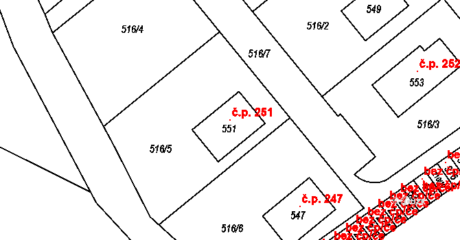 Chvatěruby 251 na parcele st. 551 v KÚ Chvatěruby, Katastrální mapa
