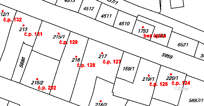 Hrušovany nad Jevišovkou 127 na parcele st. 217 v KÚ Hrušovany nad Jevišovkou, Katastrální mapa