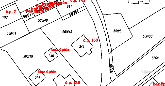 Kladruby 163 na parcele st. 341 v KÚ Kladruby u Teplic, Katastrální mapa