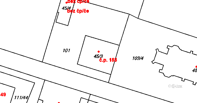 Josefův Důl 158 na parcele st. 45/3 v KÚ Josefův Důl u Jablonce nad Nisou, Katastrální mapa
